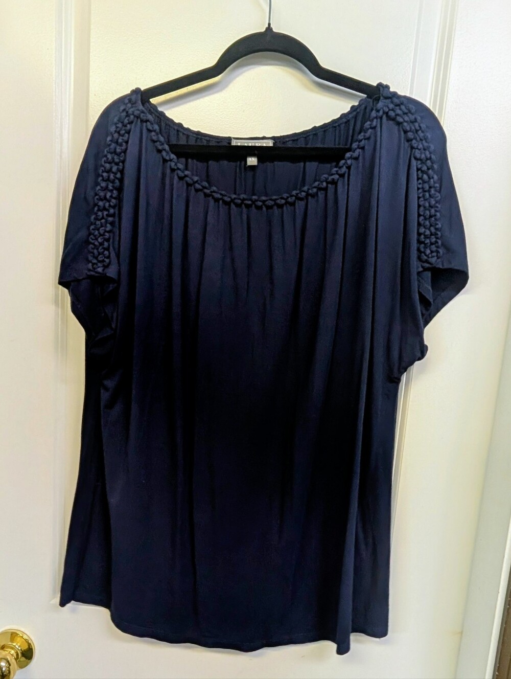 Laura Women’s Navy Braided Yoke Short Sleeve Top